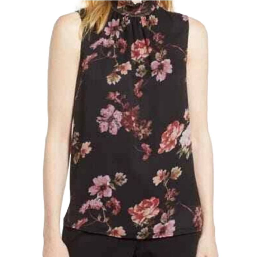 Vince Camuto Garden Fleur Ruffle Neck Blouse, Size Medium - Black/ Pink